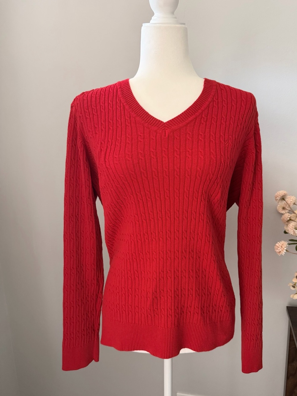 Nautica Red Cable-Knit V-Neck Sweater - Women